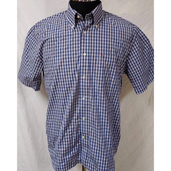 Tommy Hilfiger Mens Medium Blue Red Plaid Short Sleeve Button Down Logo Shirt - Picture 1 of 11